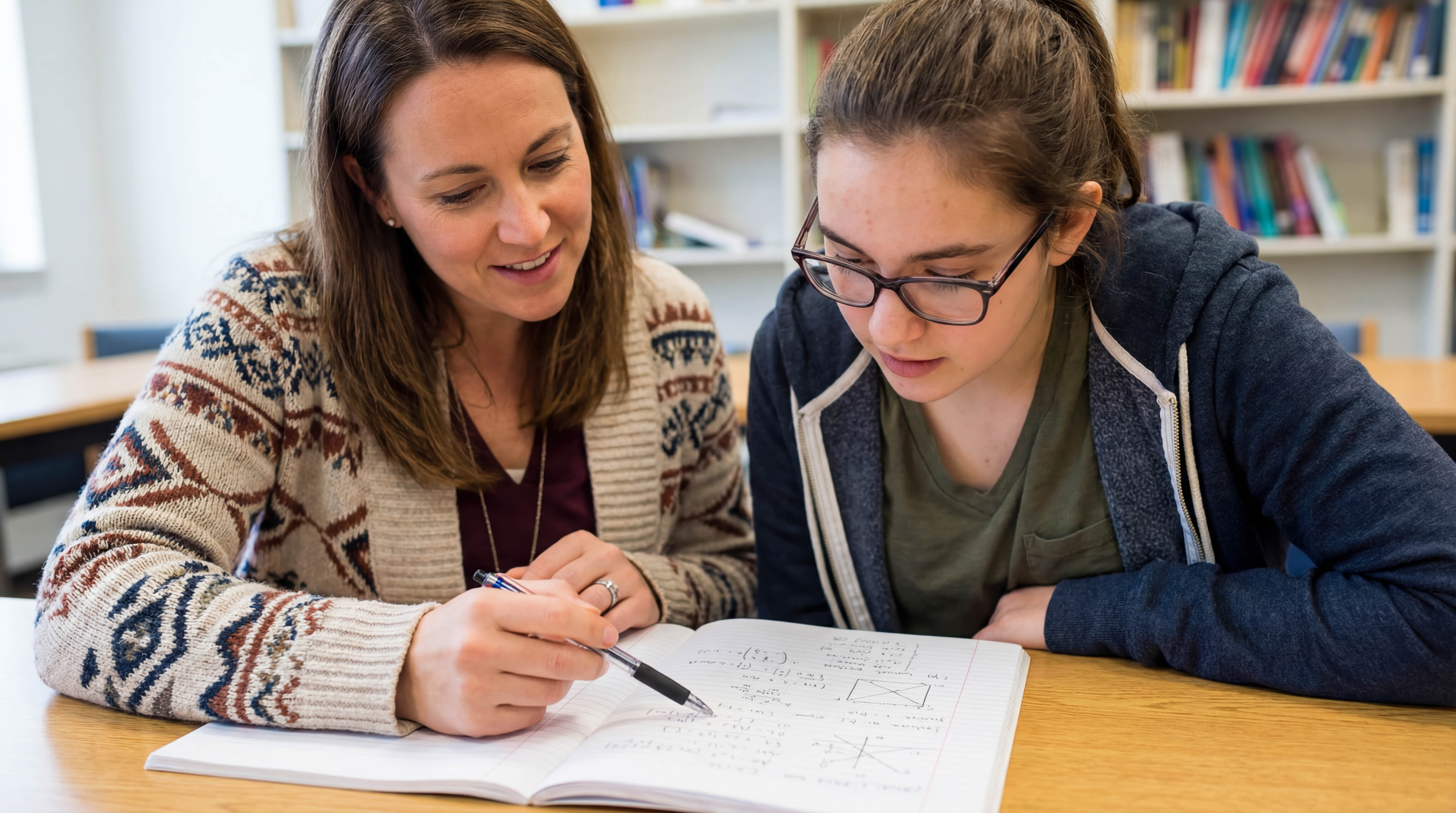 Tutor and older student working together in a notebook