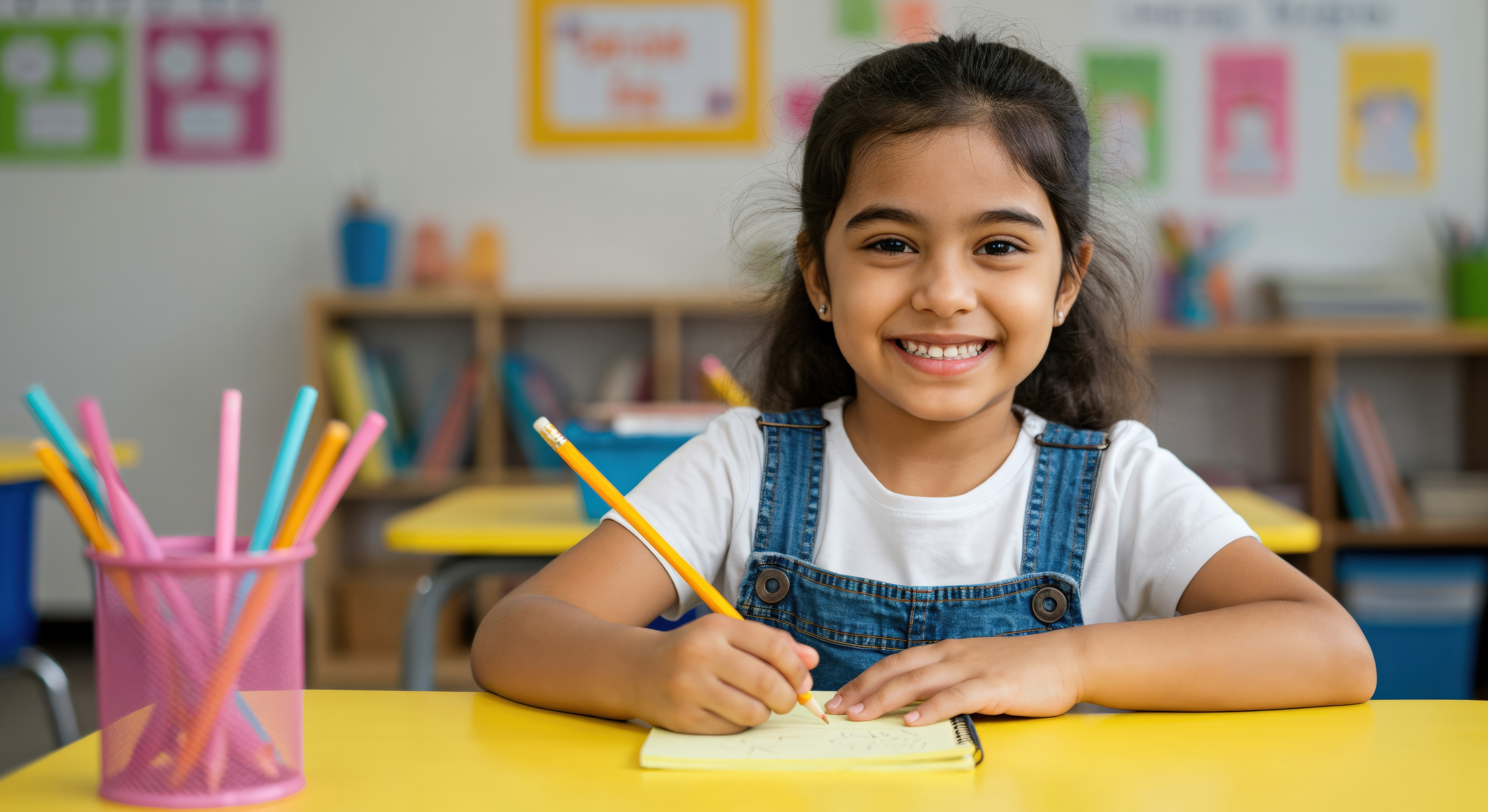 Smiling student writing confidently at a colourful classroom table